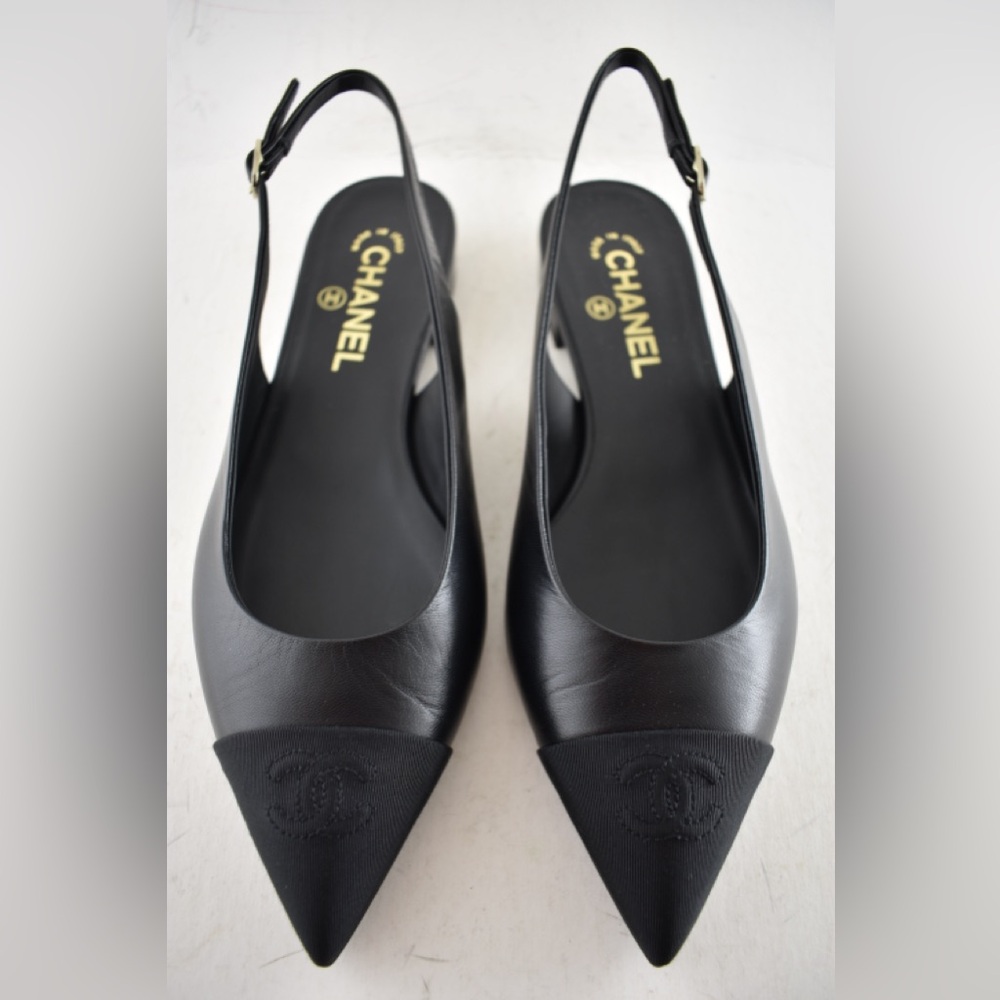Chanel 24A Black Leather CC Logo Coco Sling Slingback Pointed Ballet Flat 38.5 - Picture 10 of 16